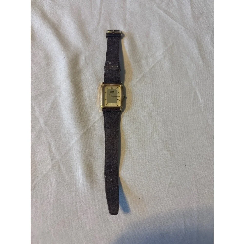 Timex Quartz Watch Unisex Gold Rectangular Brown Leather Strap selling for parts